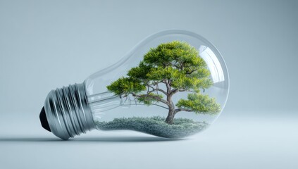 Tree in bulb A solitary leafy tree resides inside a clear, upside-down lightbulb. Small vegetation surrounds it, all against a simple neutral background