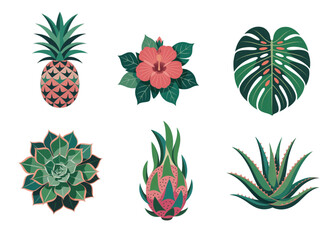 Tropical plants and fruits vector set with pineapple, hibiscus, monstera etc, isolated on a transparent background