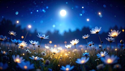 Moonlit field of glowing flowers at night