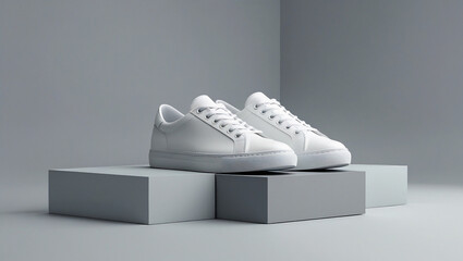 White casual sneakers on modern grey platforms, great for apparel design, shoe advertising, and minimalist product photography concepts.