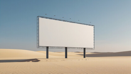 Large empty billboard with metal frame in golden sand dunes, perfect for branding visuals, marketing templates, and copy space projects.