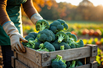 Freshly harvested broccoli fills a wooden crate on a sunny autumn day at the farm.