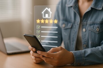 Person holding smartphone with house icon five star rating and checklist showing home review and real estate feedback system