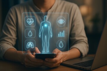Person holding smartphone with glowing digital health monitoring interface showing human body scan heart rate blood analysis breathing eye test and wellness statistics