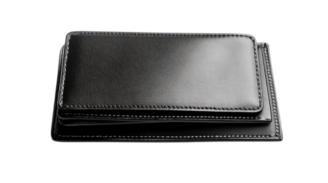 Classic black leather wallet with stitched edges and multiple compartments for cards and cash isolated on white background