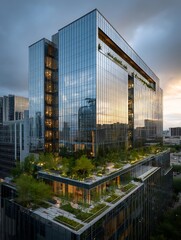 Fototapeta premium Sustainable urban architecture featuring a contemporary glass office building with lush rooftop gardens at twilight.