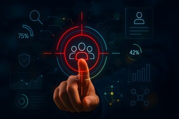 Person touching digital screen with red target icon on group of people, concept of customer targeting, audience analysis, marketing strategy, and user data tracking