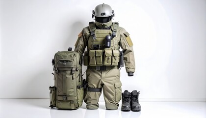 Military Combat Gear Displayed with Backpack, Boots, and Tactical Vest on White Background