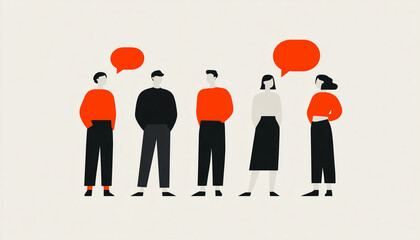 Minimalist business meeting illustration with abstract message bubbles, people talking at table, flat vector design, simple outline, collaboration, planning, strategy, teamwork, modern concept.