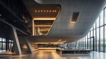 Modern, concrete architectural interior, expansive space with natural light. A sleek design with tables & windows