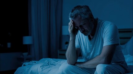 Sleepless mature male gripping head, experiencing nighttime insomnia with visible anxiety while sitting alone on bedroom mattress