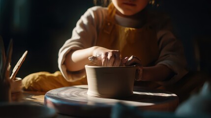 Child's hands shaping clay on a pottery wheel.