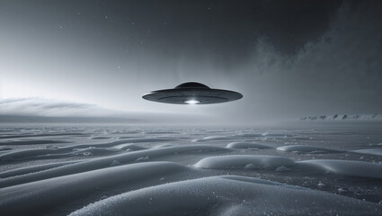 Obraz premium UFO flies above a snowy landscape under a star-filled night sky.