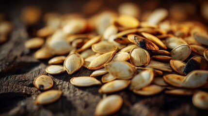 Close-up view of pumpkin seeds on a dark surface.
