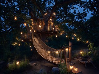 Illuminated treehouse with rope bridge and lanterns at dusk in a lush green forest setting