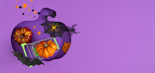 Halloween background sale. Stylish purple Halloween sale backdrop with pumpkin cutout, shopping...