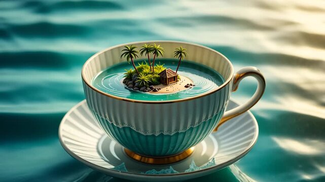 Fantasy island with palm trees floating in a turquoise teacup on white plate. Concept of dreamlike surreal imagination