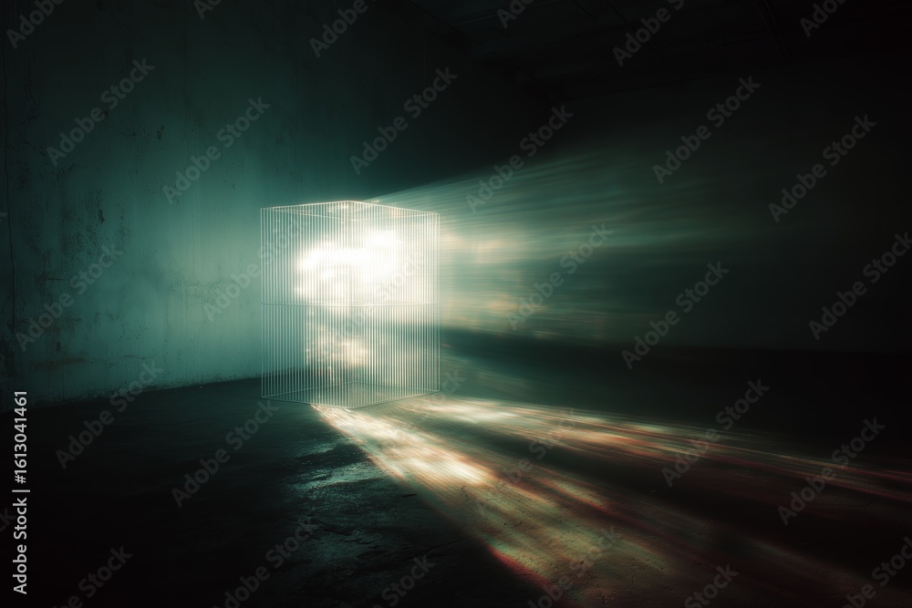 Poster light beams emerge from a translucent cube creating a surreal atmosphere in a dimly lit space