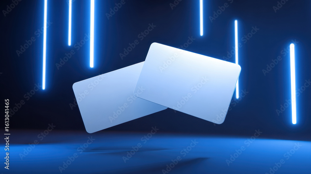 Poster dark room with vertical neon lights illuminating two blank white cards floating, presenting minimali