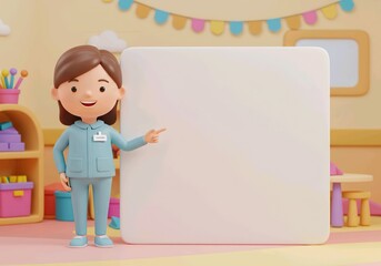 caregiver pointing a big blank whiteboard or placard, cartoon 3D illustration, isolated on white background