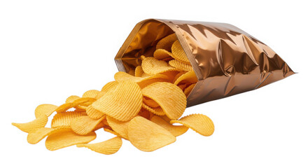 Ai generated image of crispy potato chips spilling out of a golden bag