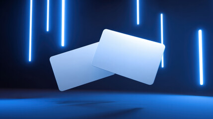 Dark room with vertical neon lights illuminating two blank white cards floating, presenting minimalist futuristic design concept for product display or messaging