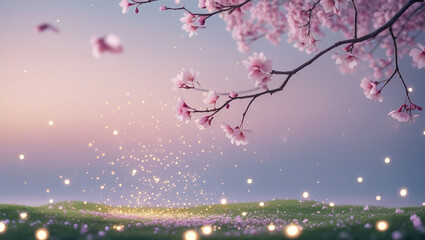Cherry blossom branches with falling petals in dreamy pastel sky, ideal for decorative prints, storybook art, and peaceful designs.