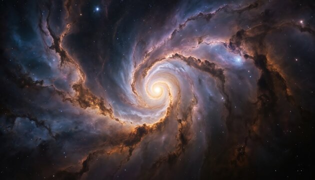 Spiral galaxy with stars, vibrant orange yellow hues. Galaxy arms extend outwards in dynamic movement. Dark gray background contrasts with galaxy colors. No texts objects visible. Galaxy vastness