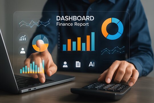 Person using digital dashboard on laptop and calculator with colorful bar charts pie graphs and finance report interface showing data analysis and financial performance metrics