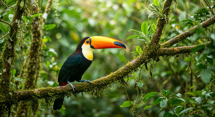 Colorful toucan perched on a moss-covered branch in a lush tropical forest habitat during daylight