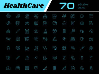 Healthcare Line Editable Icons set - Vector illustration in modern thin cyan line style of medical icons: health, paediatric, doctor, treatment, and more - Infographics for mobile apps, media