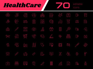 Healthcare Line Editable Icons set - Vector illustration in modern thin red -black line style of medical icons: health, paediatric, doctor, treatment, and more - Infographics for mobile apps, media