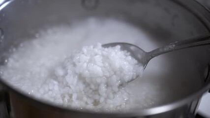 A detailed shot of a spoon lifting cooked rice from a pot of rice porridge, highlighting the soft texture and glistening grains. Perfect for recipe videos.
