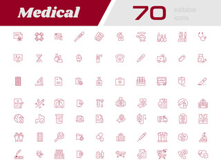 Medical icon set - Medical Line Editable Icons set -Vector illustration in modern thin red line of general medical icons: signs and symbols of medicine and pharmacology, hospital, doctor, tests 