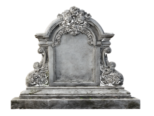 Ornate grey stone tombstone with floral carvings and arched top isolated on a transparent background