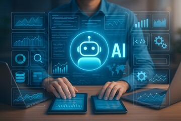 Person using digital tablets with glowing artificial intelligence robot icon and virtual charts graphs coding interface and system dashboard on screen