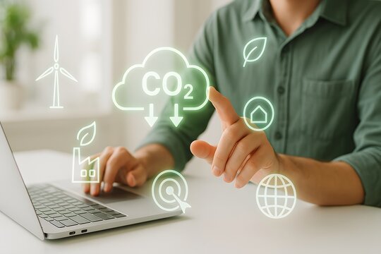 Person using laptop and pointing at green icons showing carbon emission reduction energy saving and eco friendly environment concept