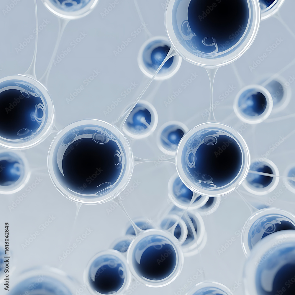 Poster abstract blue background with flowing spheres and illuminated bubble patterns