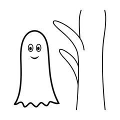  outline illustration ghost peeking from behind tree