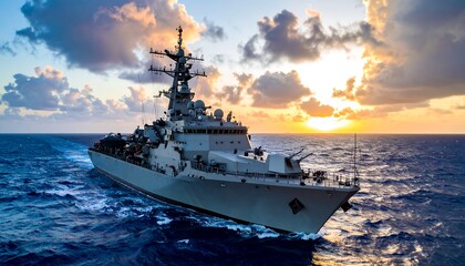Warship sailing at sunset with powerful navy vessel on open ocean against cloudy sky.