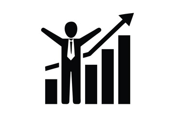 Silhouette of a successful businessman celebrating financial growth with a rising bar chart and upward arrow isolated on white background