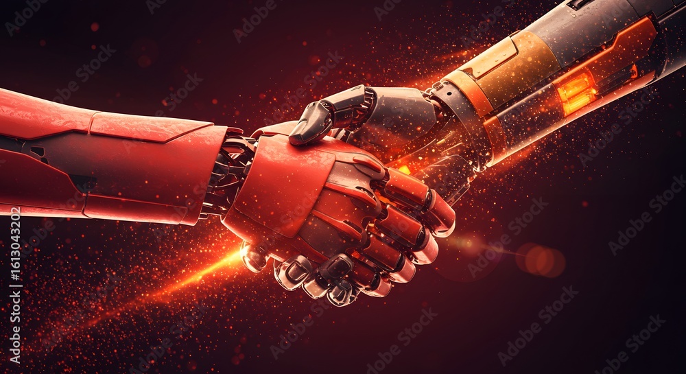 Poster a close up of two robotic arms shaking hands with sparks flying on a dark background and bokeh effec