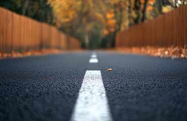 Road surface with white line. Asphalt highway road marking for transport, car traffic. Urban summer scene with green trees, brown wall background