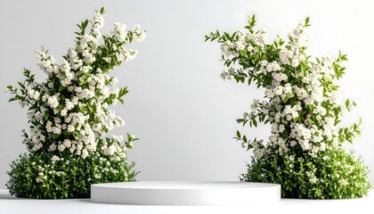 Obraz premium White flowers and greenery on a white pedestal