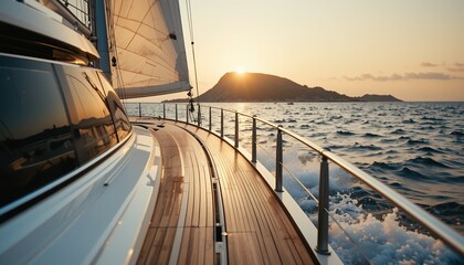 luxurious sailing yacht gliding across open sea during warm golden sunset light