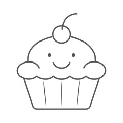 outline illustration happy cupcake with cherry 