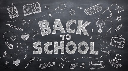 Photo of a chalkboard filled with back to school written in chalk, surrounded by various schoolrelated drawings and symbols