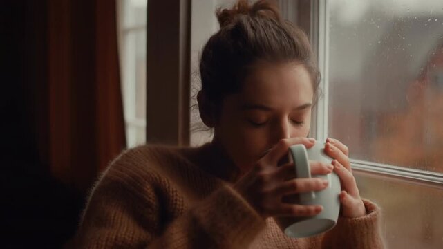 Young woman in cozy sweater enjoys peaceful moment by window with hot drink, expressing contentment and mindfulness while savoring warm beverage on winter morning