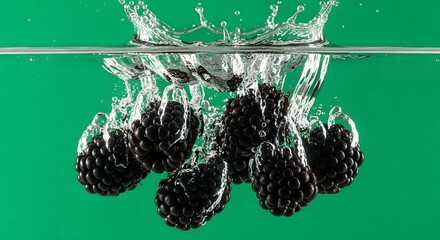 A dozen juicy blackberries caught in the chaos of water impact, frozen in stunning photographic clarity.