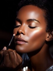Obraz premium Makeup artist applying highlighter to model's cheek at a beauty studio during evening session